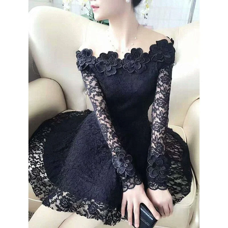 2020 Autumn New Flower Lace Women Dress Slim Long Sleeve Female Dresses