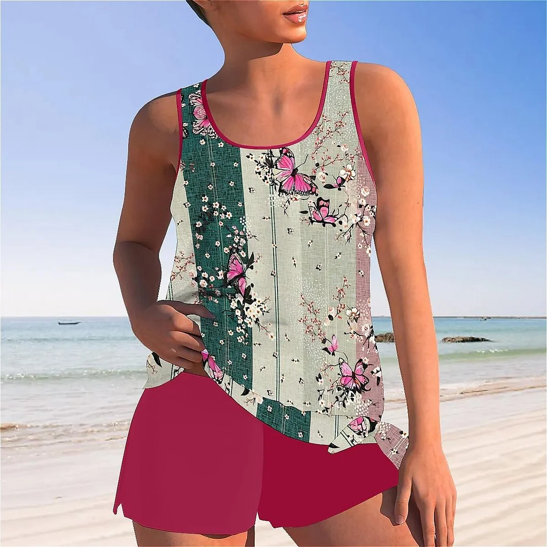 Bowknot Floral,Pink,Green,Stitch Mid Waisted Tankini Set - Plus Size Available