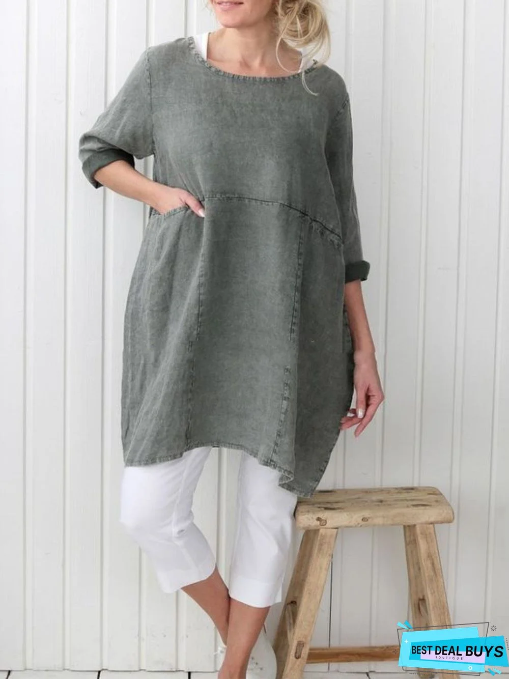 zolucky Plus Size Casual Plain Long Sleeve Linen Dress