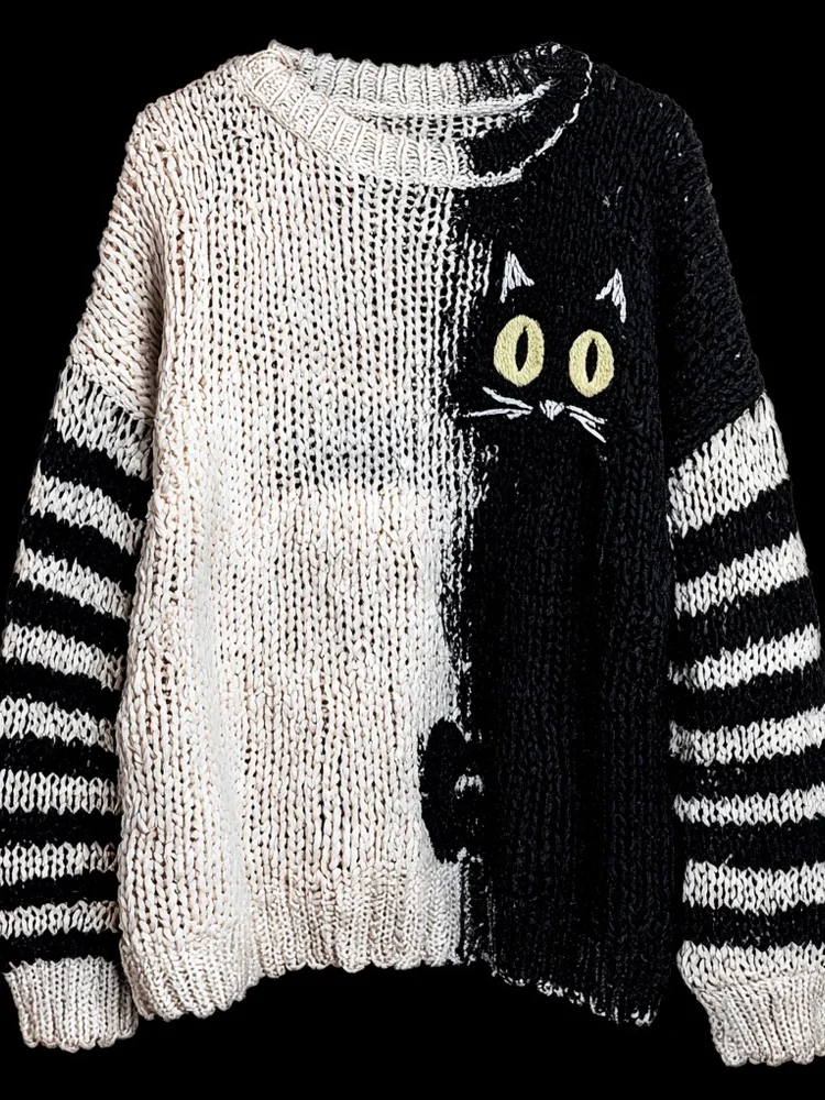 Halloween Black Cat Contrast Color Cozy Knitted Sweater