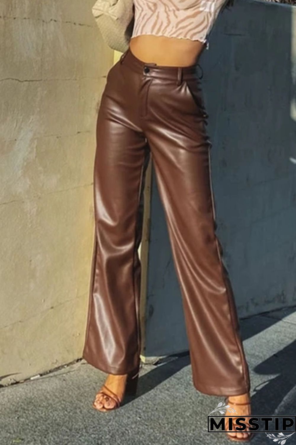 Brown Fashion Casual Solid Patchwork Straight High Waist Straight Solid Color Bottoms