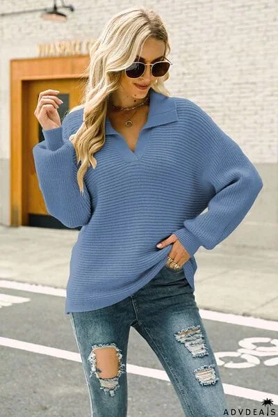 Ribbed Johnny Collar Pullover Sweater