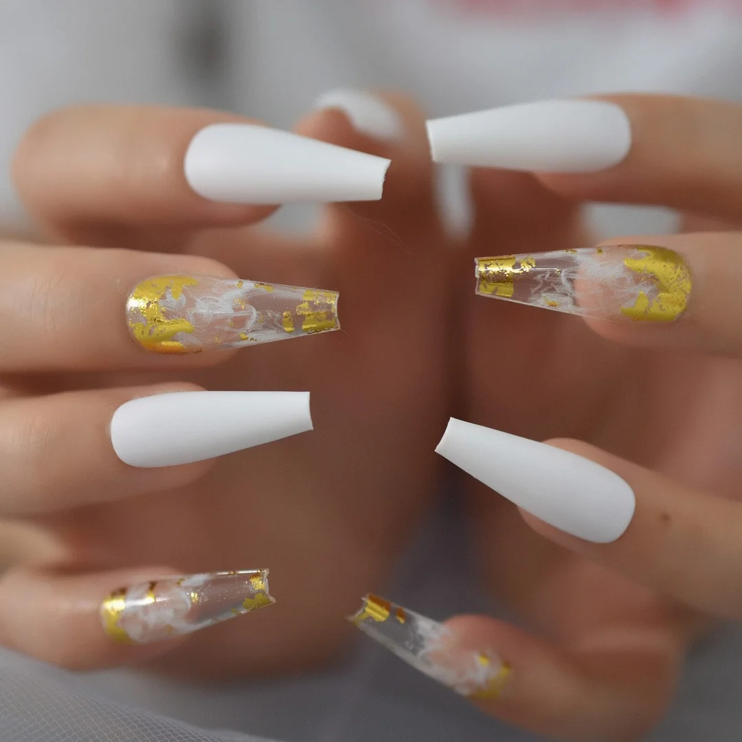 Metallic Coffin Nail Tips False Nails Long Ballerina Gold Mirror Fake Nails Press On Full Set For Fingernail Decorations-Nail Inspo