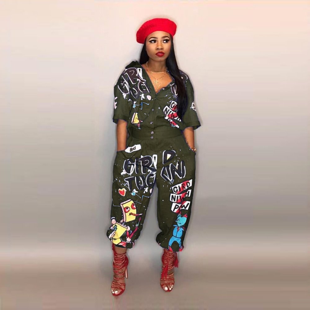 Women's Sexy Letters Printed Horn Cuffless Pants Jumpsuit