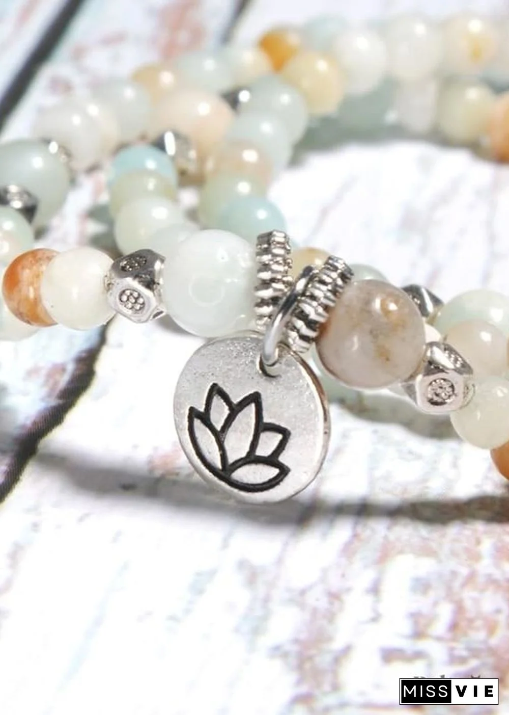 Boho Bracelet, Layers Green Amazonite Mala Mantra Lotus