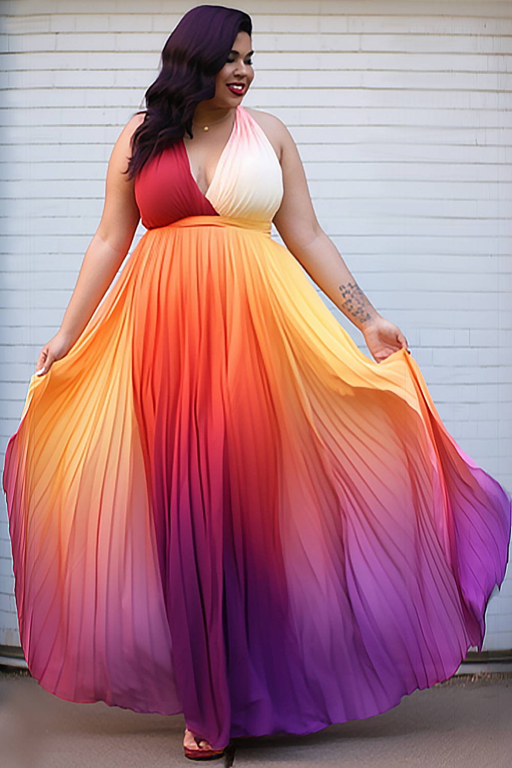 Design Plus Size Elegant Multicolor Gradient V Neck Pleated Chiffon Maxi Dresses [Pre-Order]