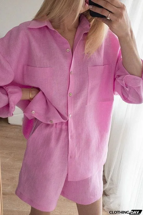 Solid Pockets Oversized Shirt Shorts Set