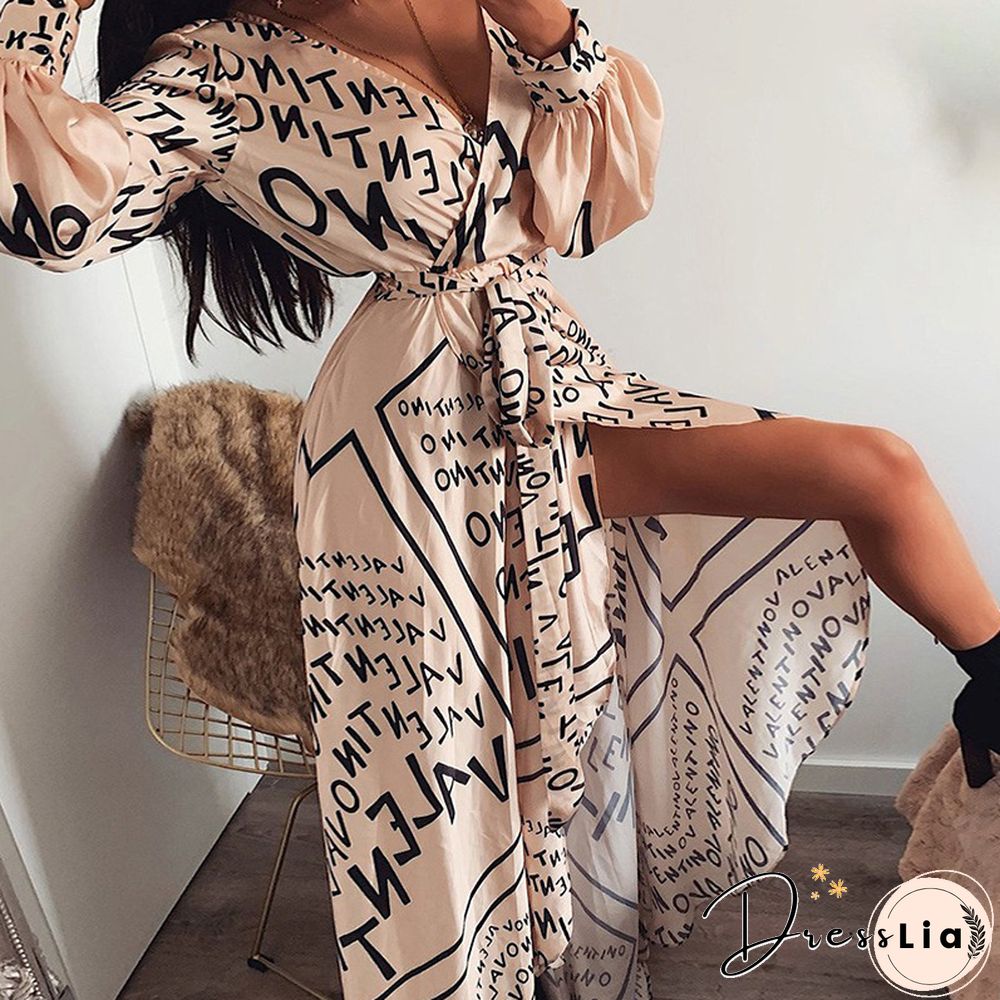 Letter Print Waist Slit Sexy Big Swing Dress