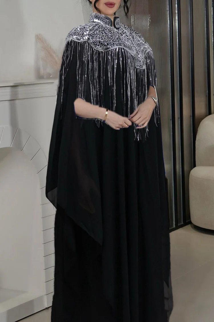 Sequins Fringe Stand Collar Cloak Sleeveless Maxi Dresses Party Matching Set