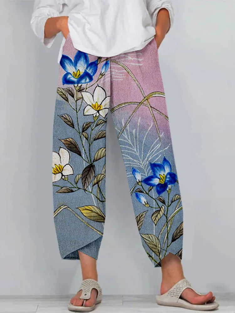 Blue And White Flower Vintage Japanese Art Linen Pants
