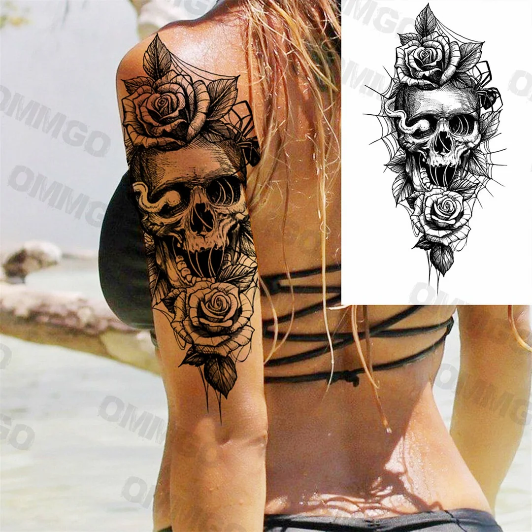 Sdrawing Rose Flower Skeleton Temporary Tattoos For Women Adult Girl Lion Tiger Crown Fake Tattoo Body Art Painting Tatoo Decal