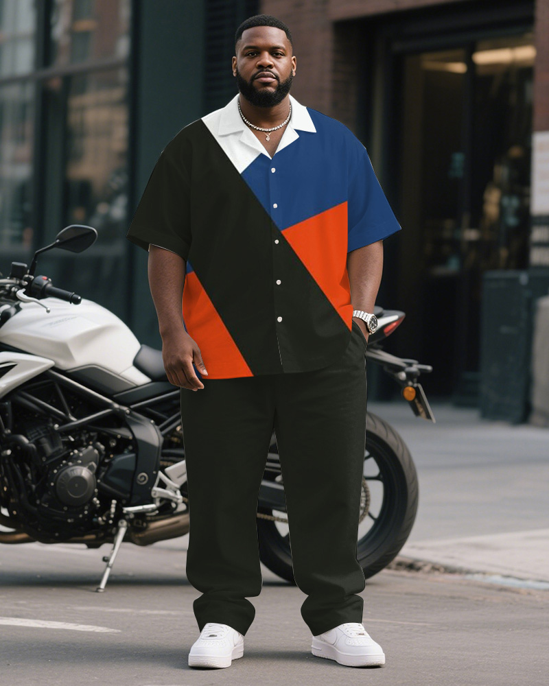 Men's Plus Size Business Blue Red Color Block Striped Geometric Print Short Sleeve Shirt Trousers Suit