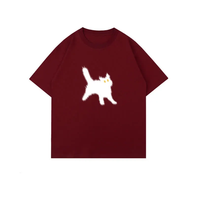 Cartoon Cat Print Round Collar Oversized T-Shirt