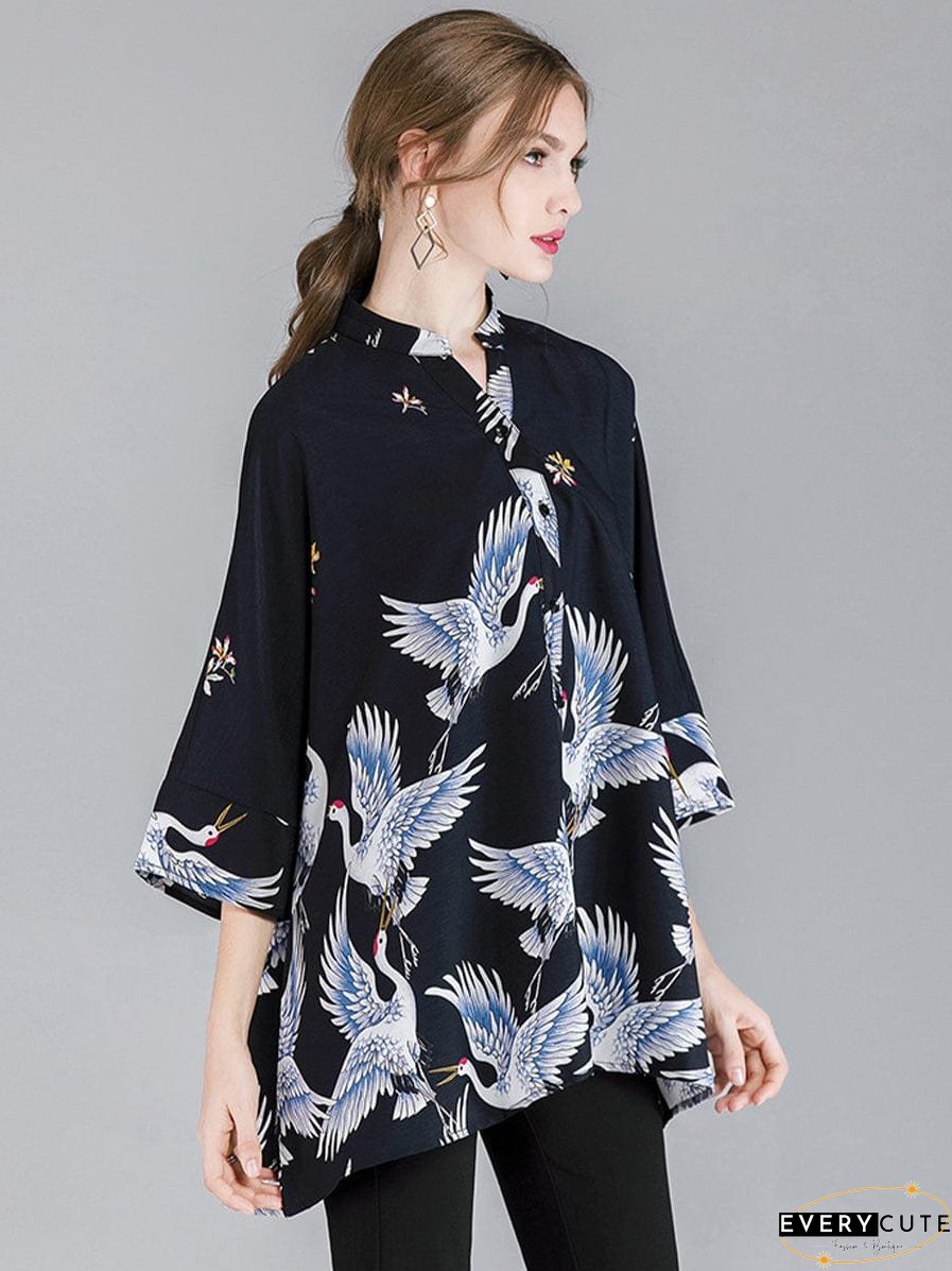 Size Curve Blouses Crane Print Loose Oversized Blouse