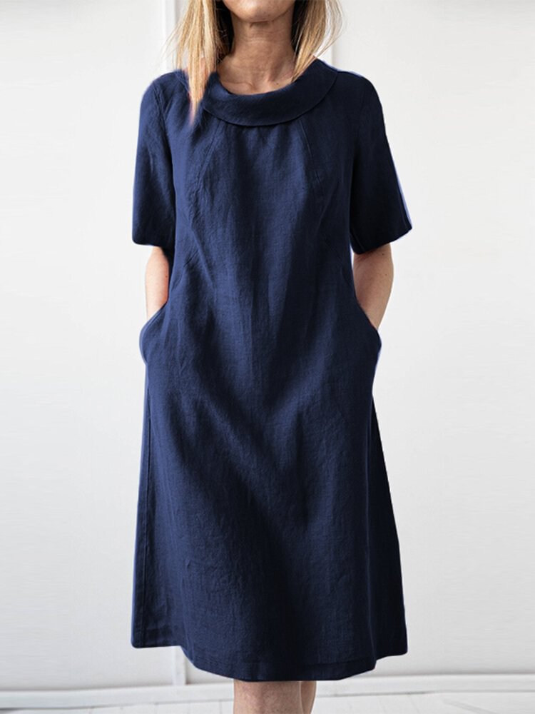 Solid Short Sleeve Pocket Lapel Dress For Women