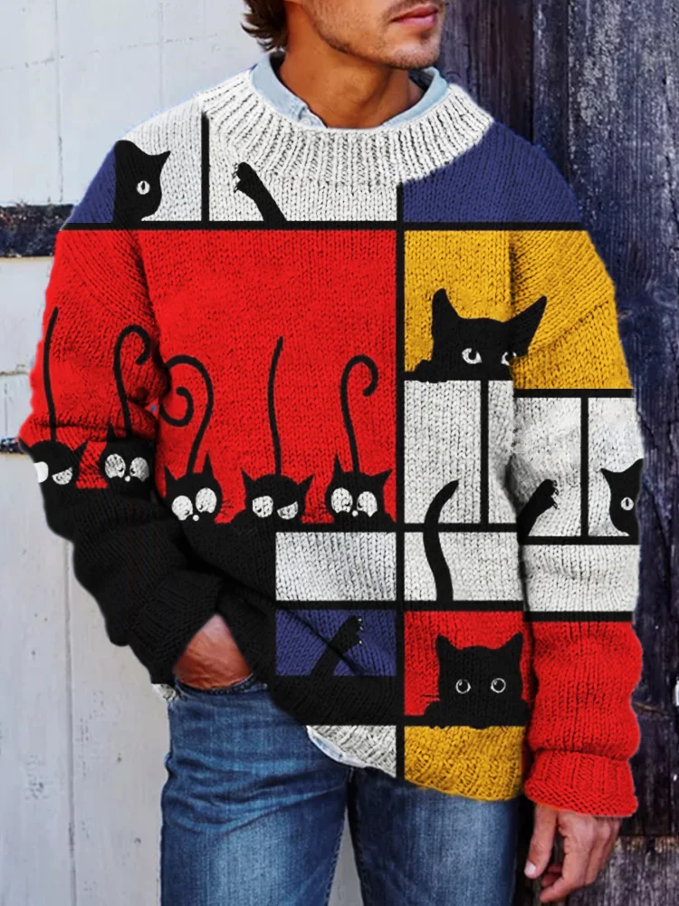Men's Black Cats Colorblock Geometric Art Cozy Sweater