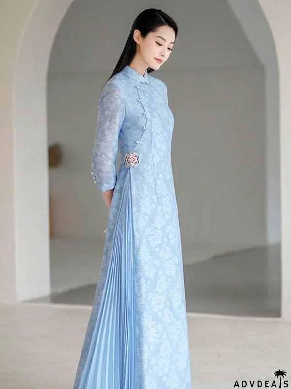 Fashion Vintage Light Blue Jacquard Long Cheongsams