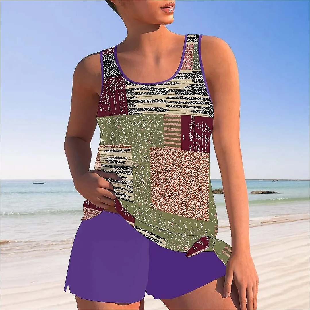 Bowknot Floral,Splicing Mid Waisted Tankini Set - Plus Size Available