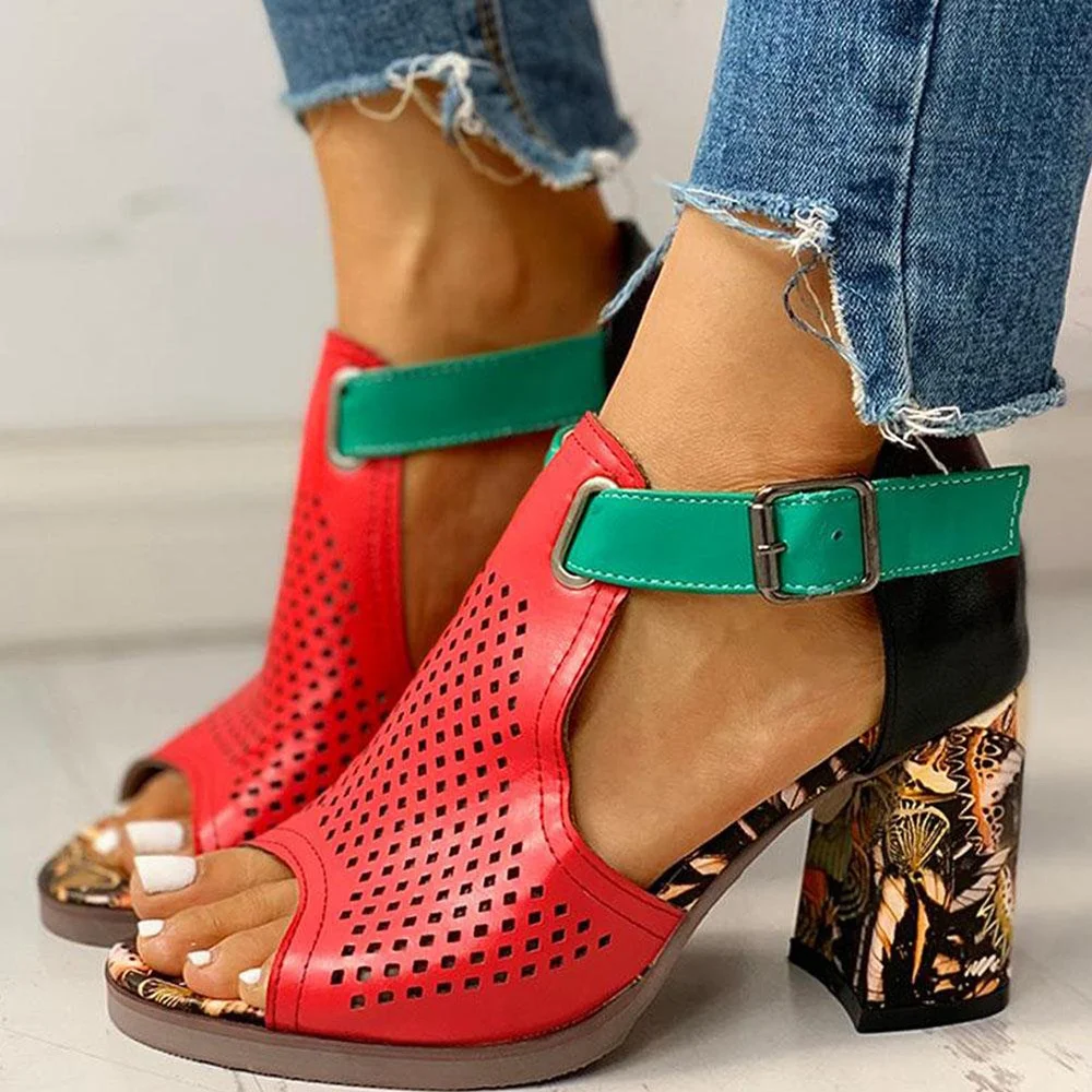Multicolor  Opened Toe Cut Out Ankle Strappy Sandals With Chunky Heels Nicepairs