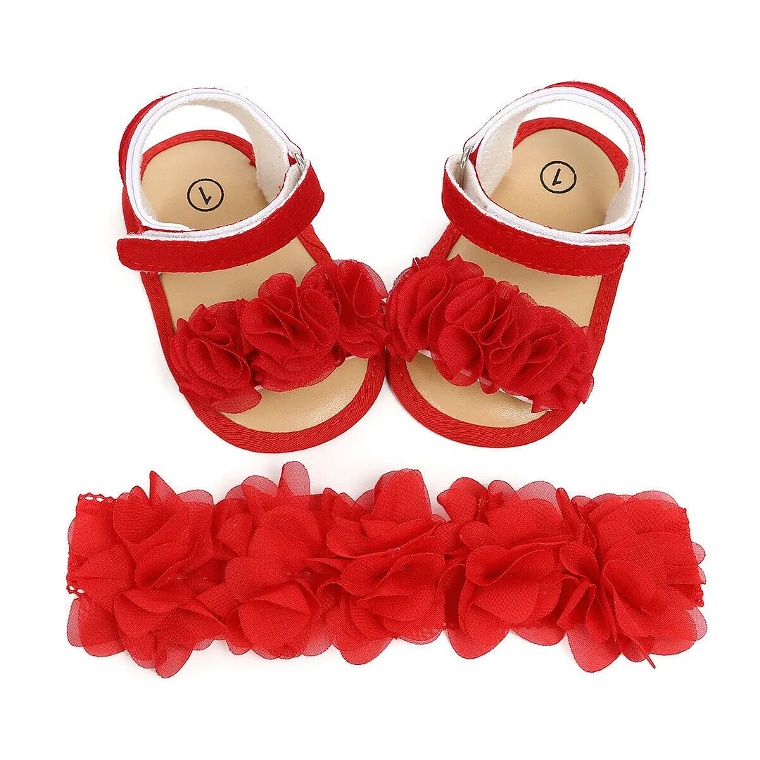 2019 Baby Summer Clothing Newborn Kid Baby Girl Flower Sandals Shoes Soft Sole Hook Casual Summer Shoes +Headband 2Pcs Solid Set