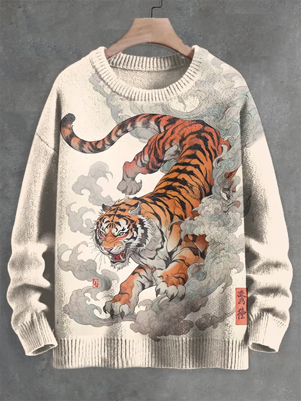 Men's Tiger Vintage Art Print Knit Sweatshirt
