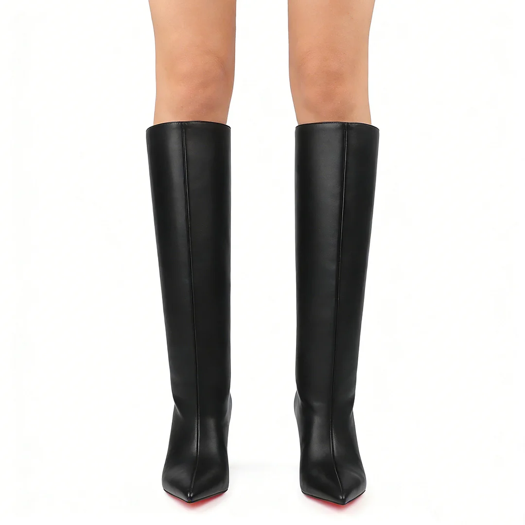 85mm Women's Pointed Toe Thick Heel Boots Knee High Red Bottom Boots-MERUMOTE