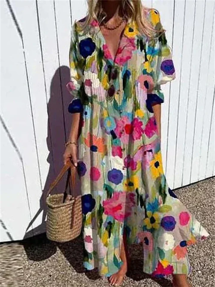 Women's New Large Size Models Pleated Print Loose Dresses-JRSEE