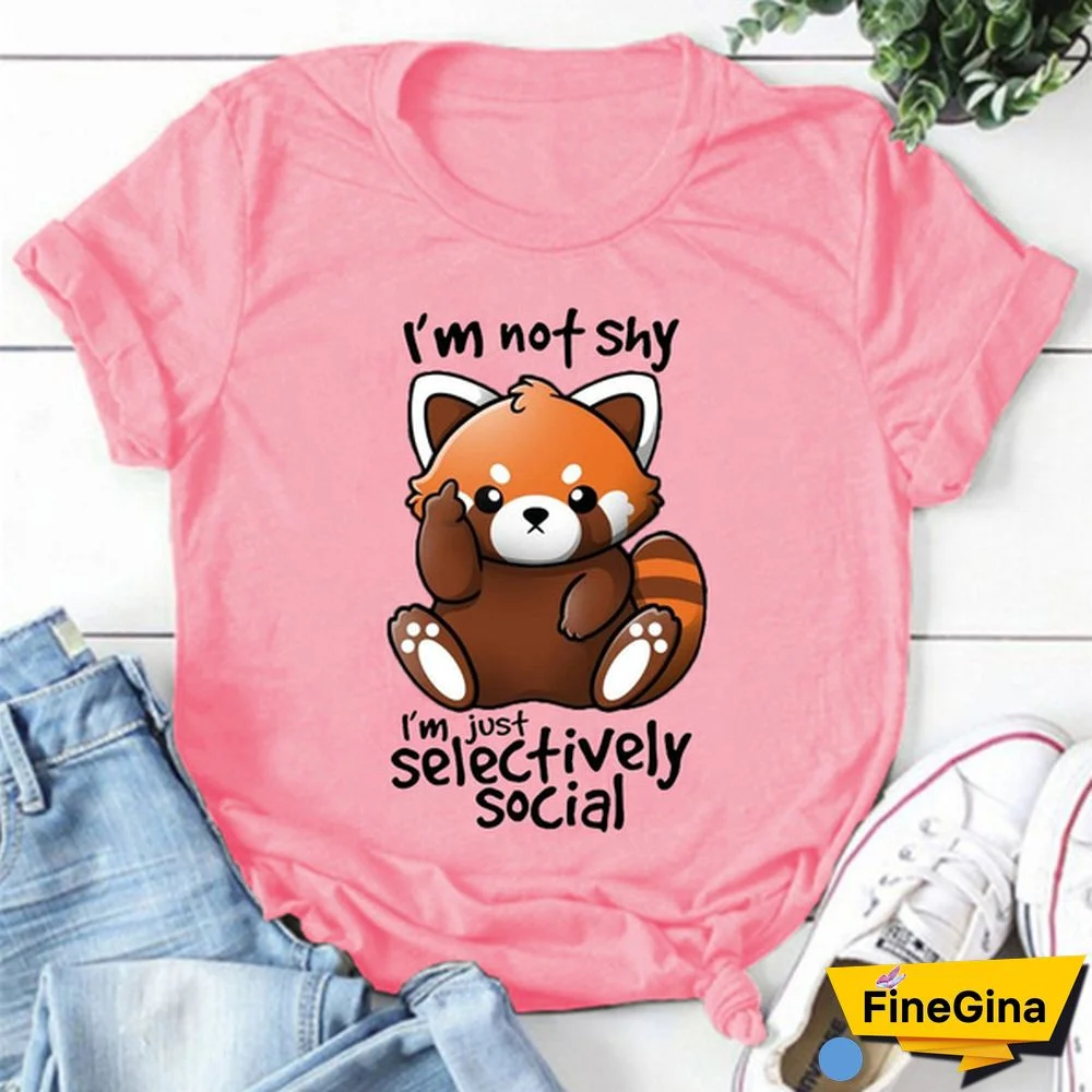 Panda I'm Not Shy I'm Just Selectively Social Print T-shirts For Women Summer Fashion Casual Short Sleeve Round Neck Ladies Tops