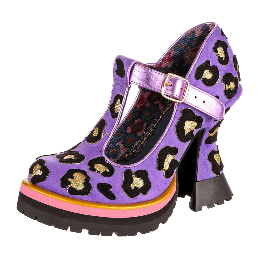 Purple T-Bar Glitter Leopard Decorative Heel Platform Mary Janes Nicepairs