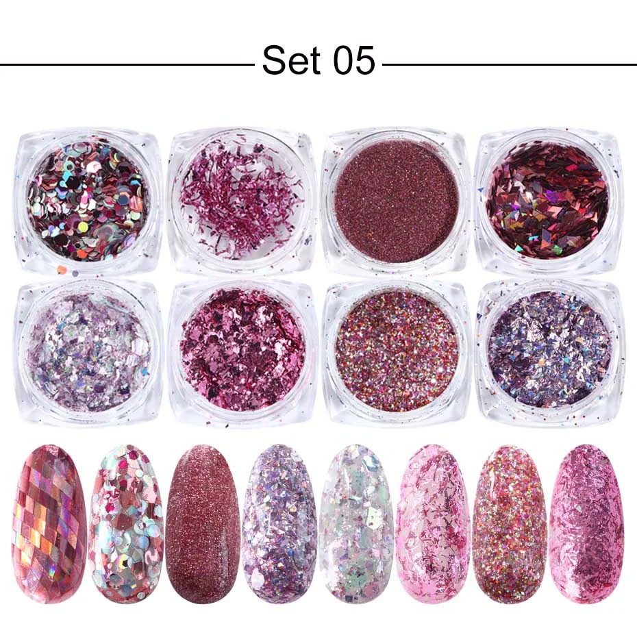 Churchf Nail Art Glitter Sequins Flake Holographic Rose Gold Shimmer Nail Art Powder Paillette UV Gel Polish Manicure Set LY1506-05