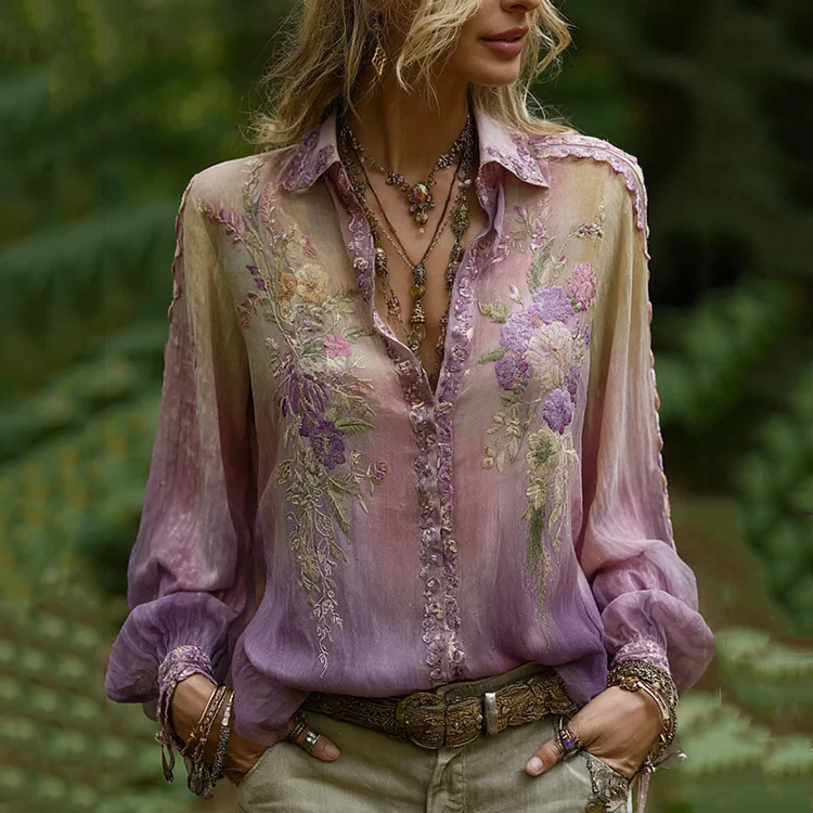 Vintage Purple Lavender And Floral Embroidered Button Linen Shirt