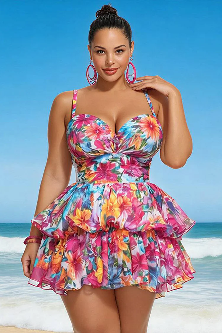 Xpluswear Design Plus Size Beach Multicolor Floral V Neck Ruffle Tiered Swimsuit Fabric Swimwear Dress [Pre-Order] 2024 - Xpluswear