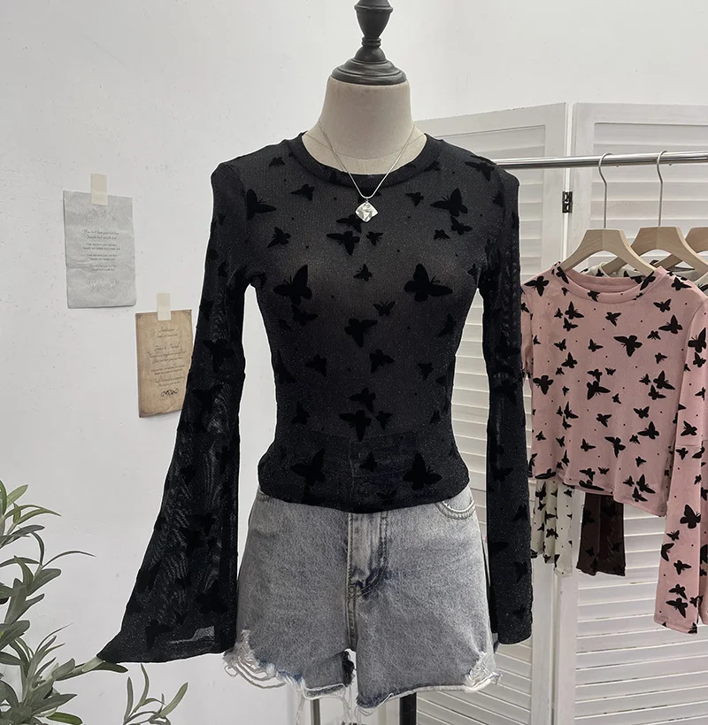 Churchf Real Shooting Spice Girl Butterfly Shiny Shiny Mesh Yarn Long-Sleeved T-Shirt Horn Sleeve Short Repair Body Jacket 8031