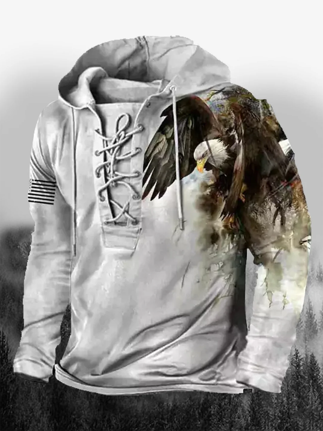 Mens Eagle Print Lace-Up Hooded