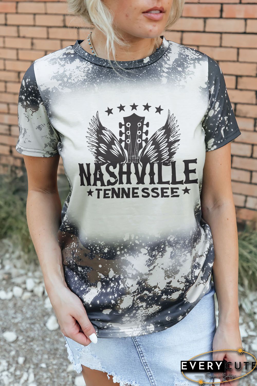 Multicolor Bleached Round Neck Short Sleeve T-shirt