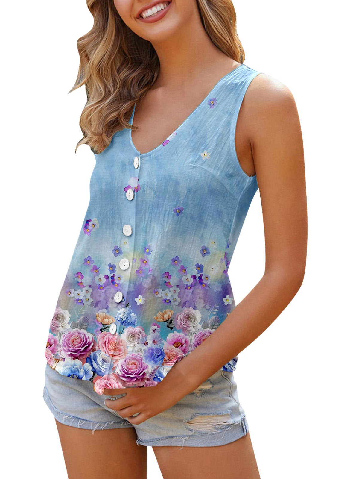 Women's Summer Sleeveless V Neck Flower Geometric Print Button Casual Top