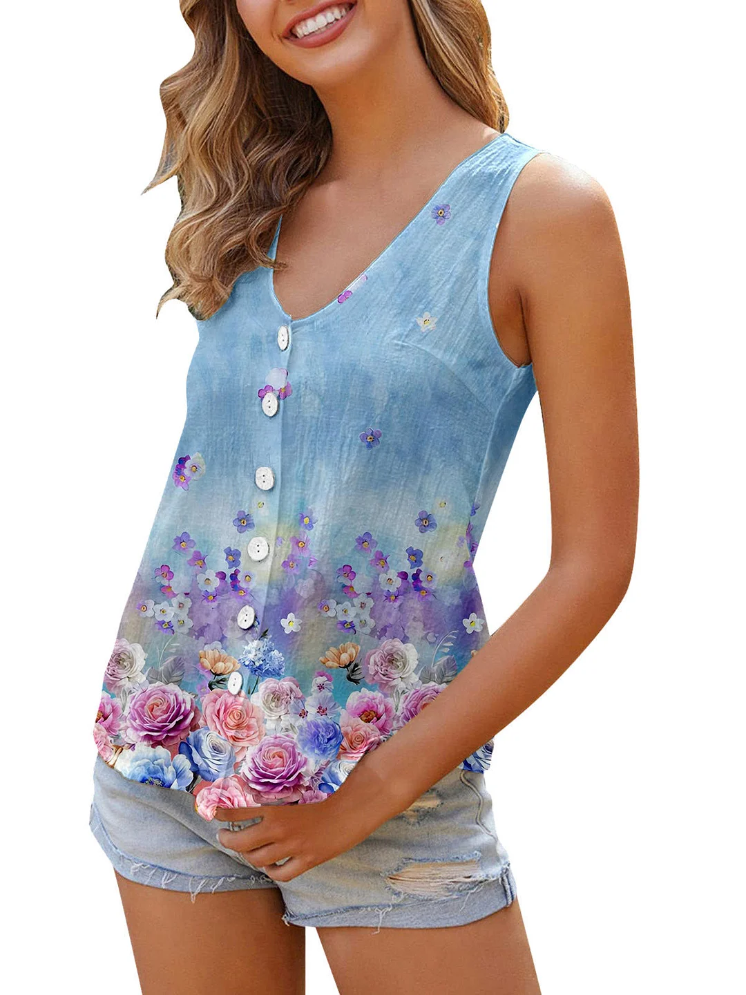 Women plus size clothing Women's Summer Sleeveless V Neck Flower Geometric Print Button Casual Top-Nordswear