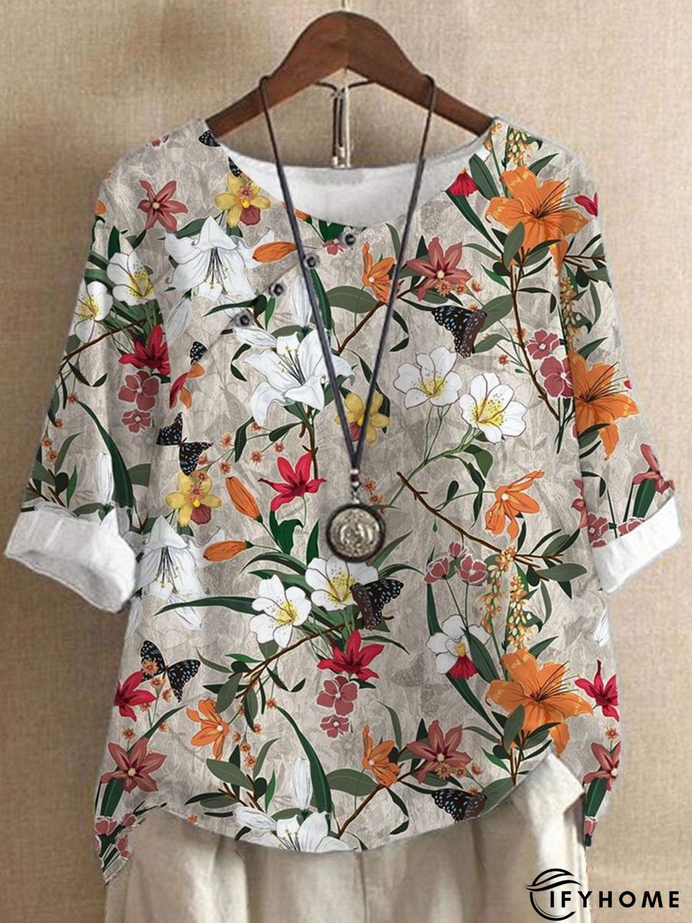 Floral Crew Neck Buttoned Top | IFYHOME