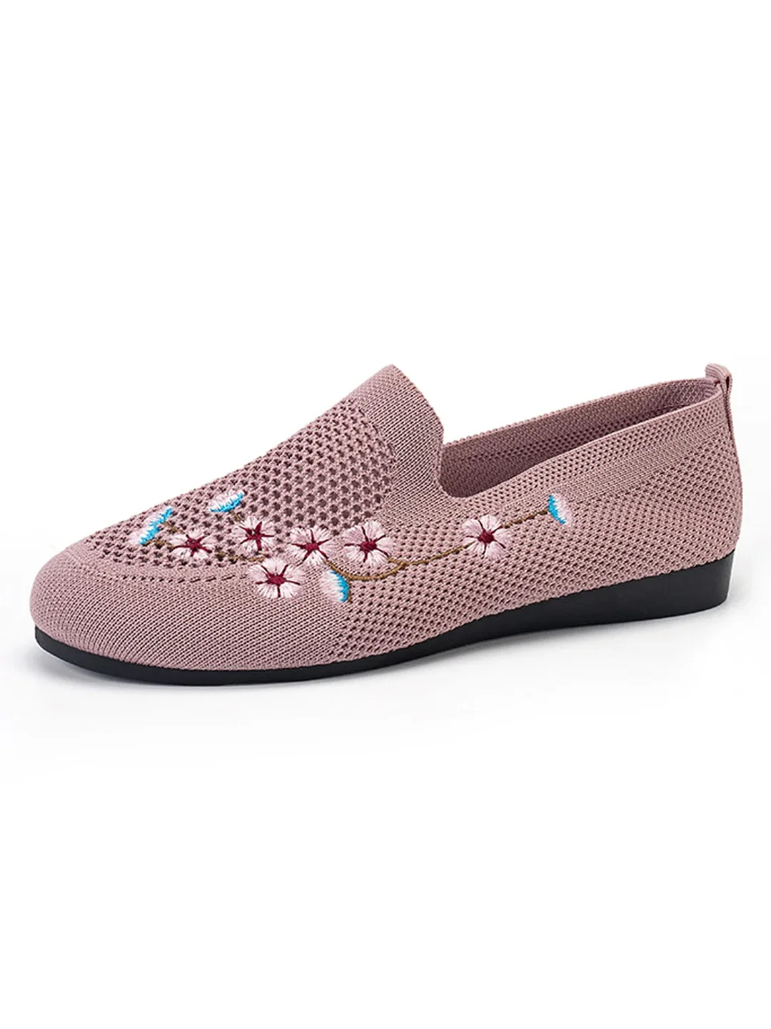 Women plus size clothing Floral Embroidery Breathable Mesh Fabric Flat Loafers-Nordswear