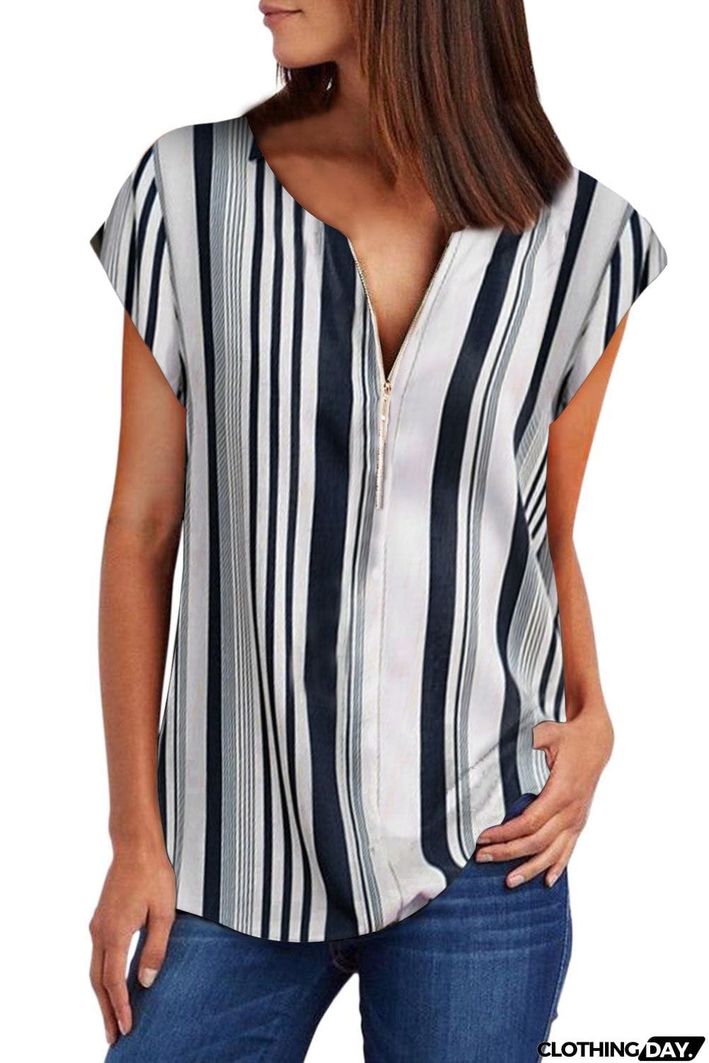V Neck Stripes Roll up Short Sleeve Zip Up Blouse
