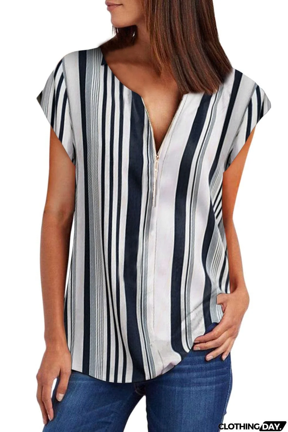 V Neck Stripes Roll up Short Sleeve Zip Up Blouse