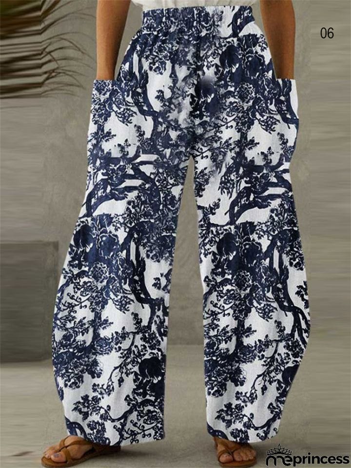 Female Retro Art Printed Loose Plus Size Elastic Waist Wide Leg Pants