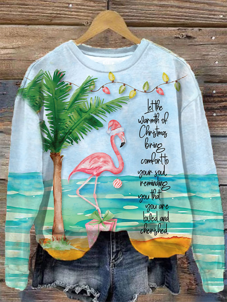 Comstylish Women's Christmas Flamingo Vacation Palm Tree Printed Sweatshirt