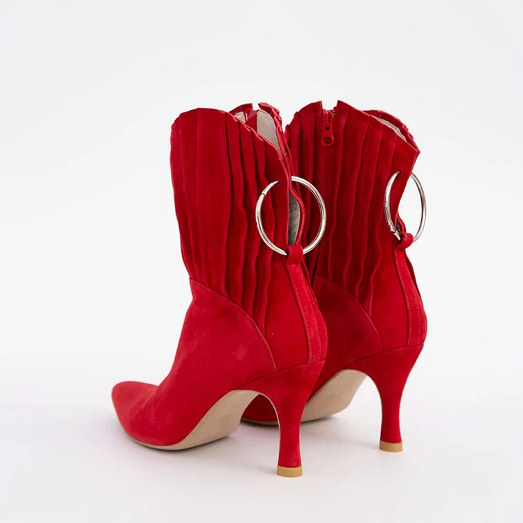 Red Suede Ruffle Spool Heel Ankle Booties with Metal Circle |FSJ Shoes