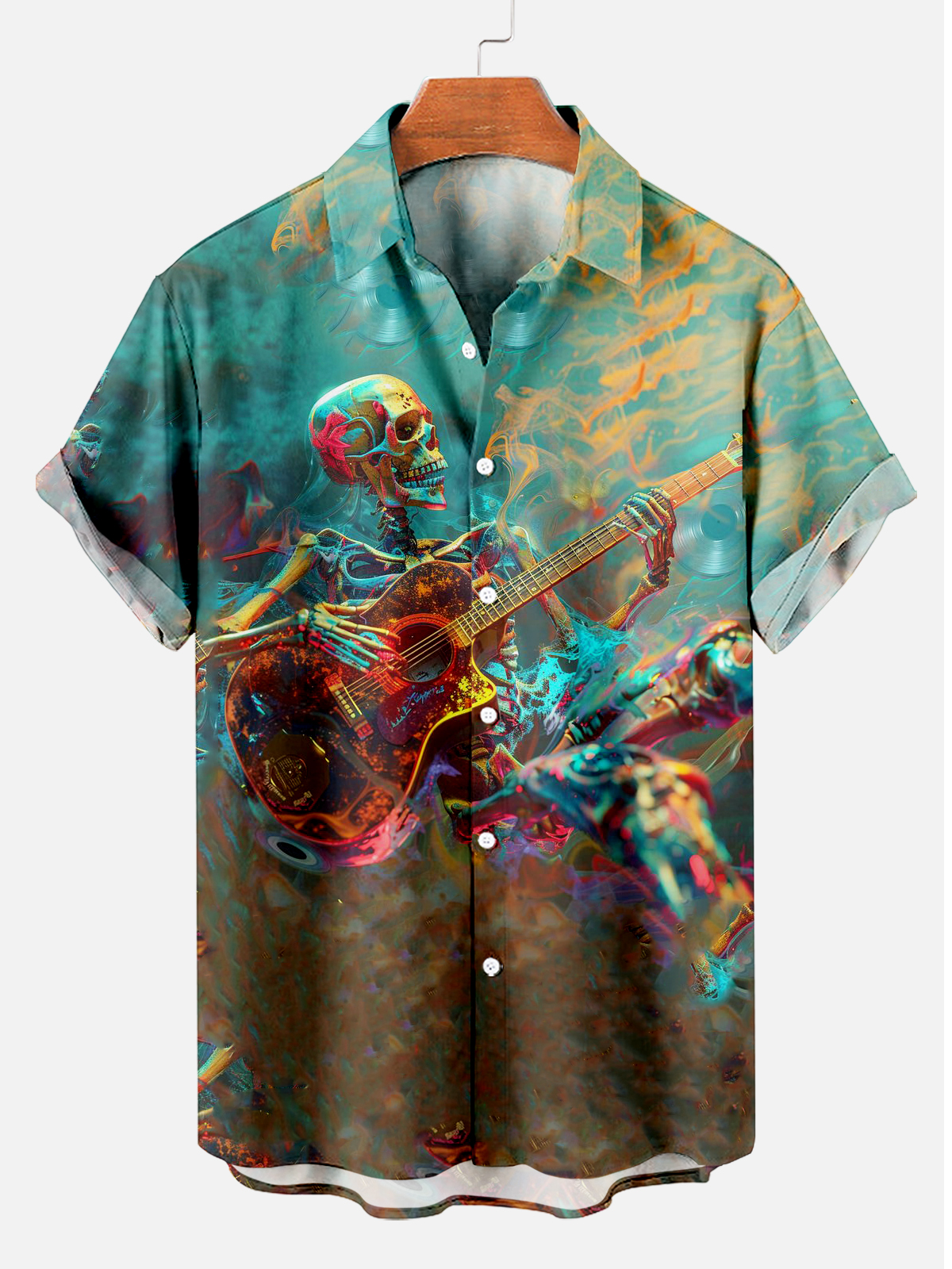 Men's Day of the Dead Musicians Indulged in Music Short Sleeve Print Shirt PLUSCLOTHESMAN