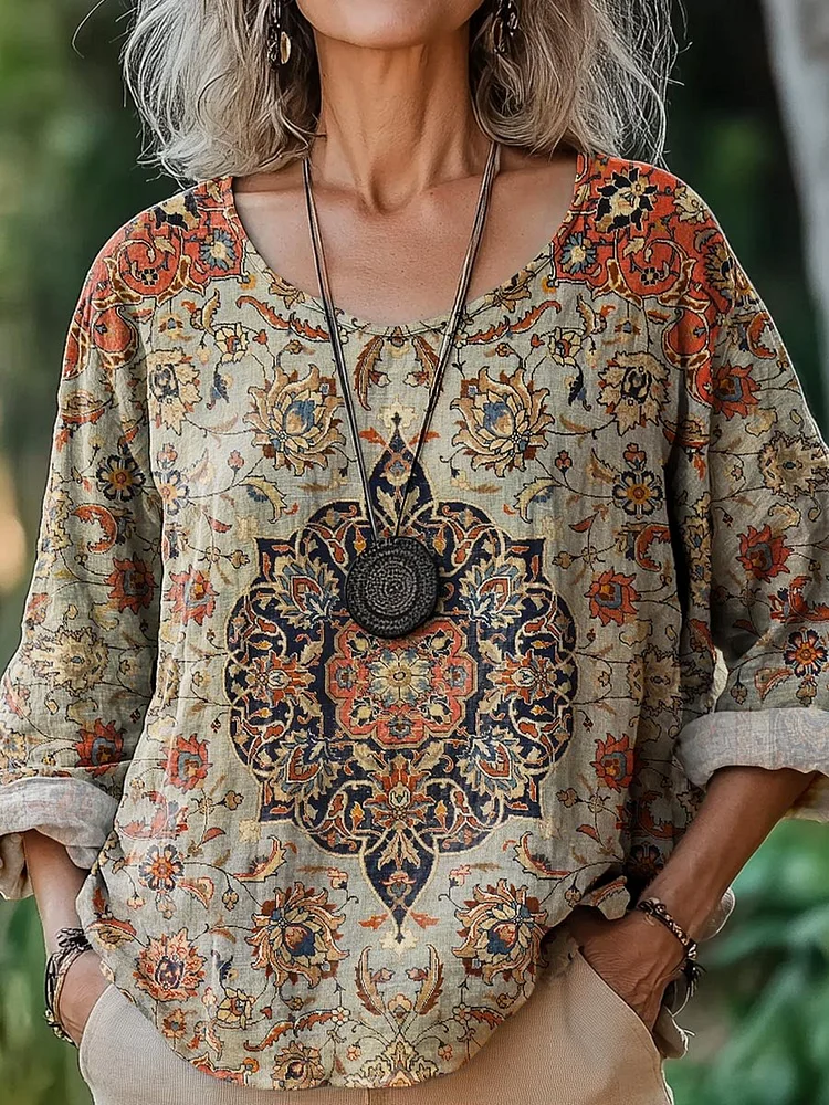 Women's Vintage Lovely Floral Art Print Casual Cotton And Linen Shirt