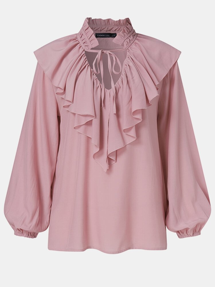 Women Solid Color Ruffle Patchwork Long Sleeve Knotted Casual Blouse P1801516