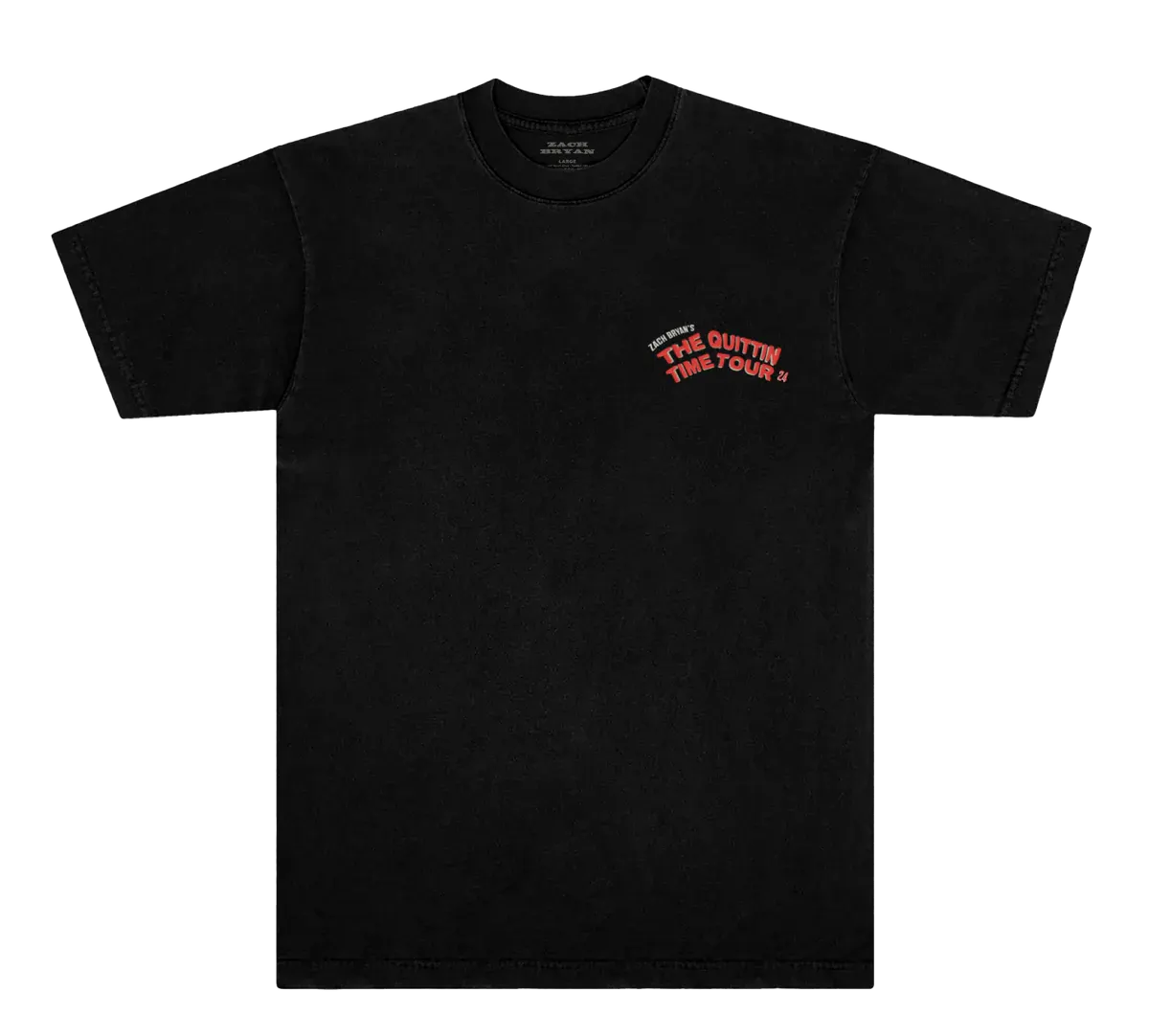 "zach bryan quittin time tour t shirt black front chest logo"