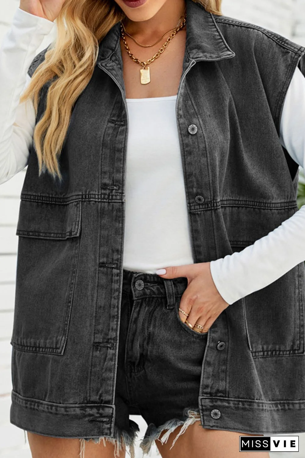 Open Front Pockets Sleeveless Denim Jacket