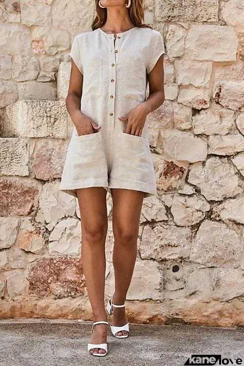 Button Pockets Short Sleeve Romper